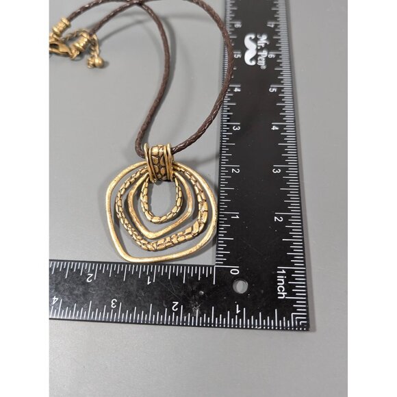 Chicos Gold Tone Multi Ring Pendant Brown Braided Cord Necklace Boho Western 20" - Picture 9 of 9
